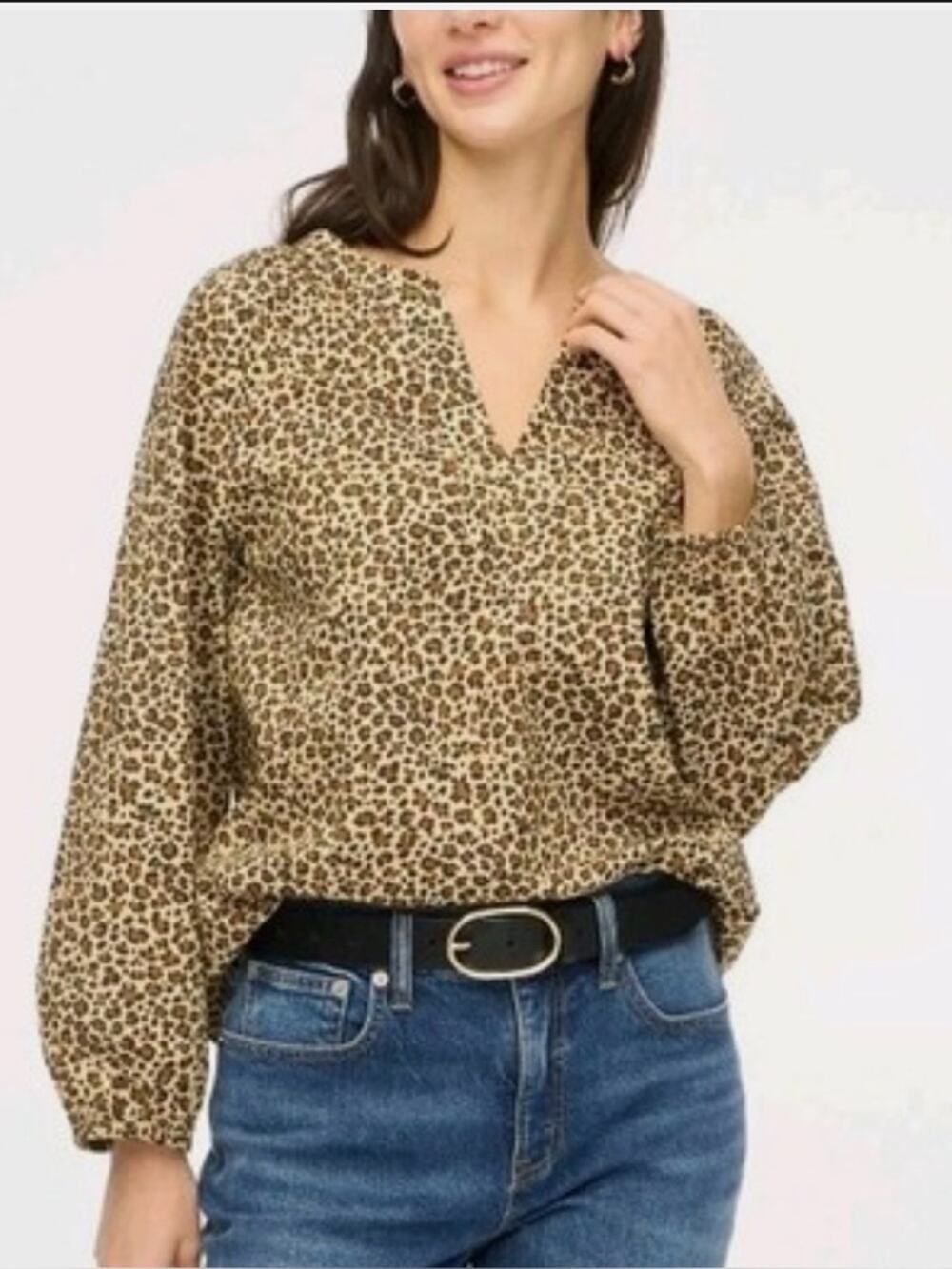 J Crew Animal Print Split Neck Blouse XS Brown Tan CI020 Shirt Top NWT Spring 25